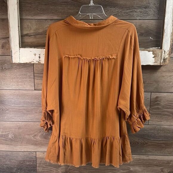 UMGEE Women's Peasant Boho Collared Frayed Edge Top Ruffled Hem Rust Size S - Picture 4 of 10